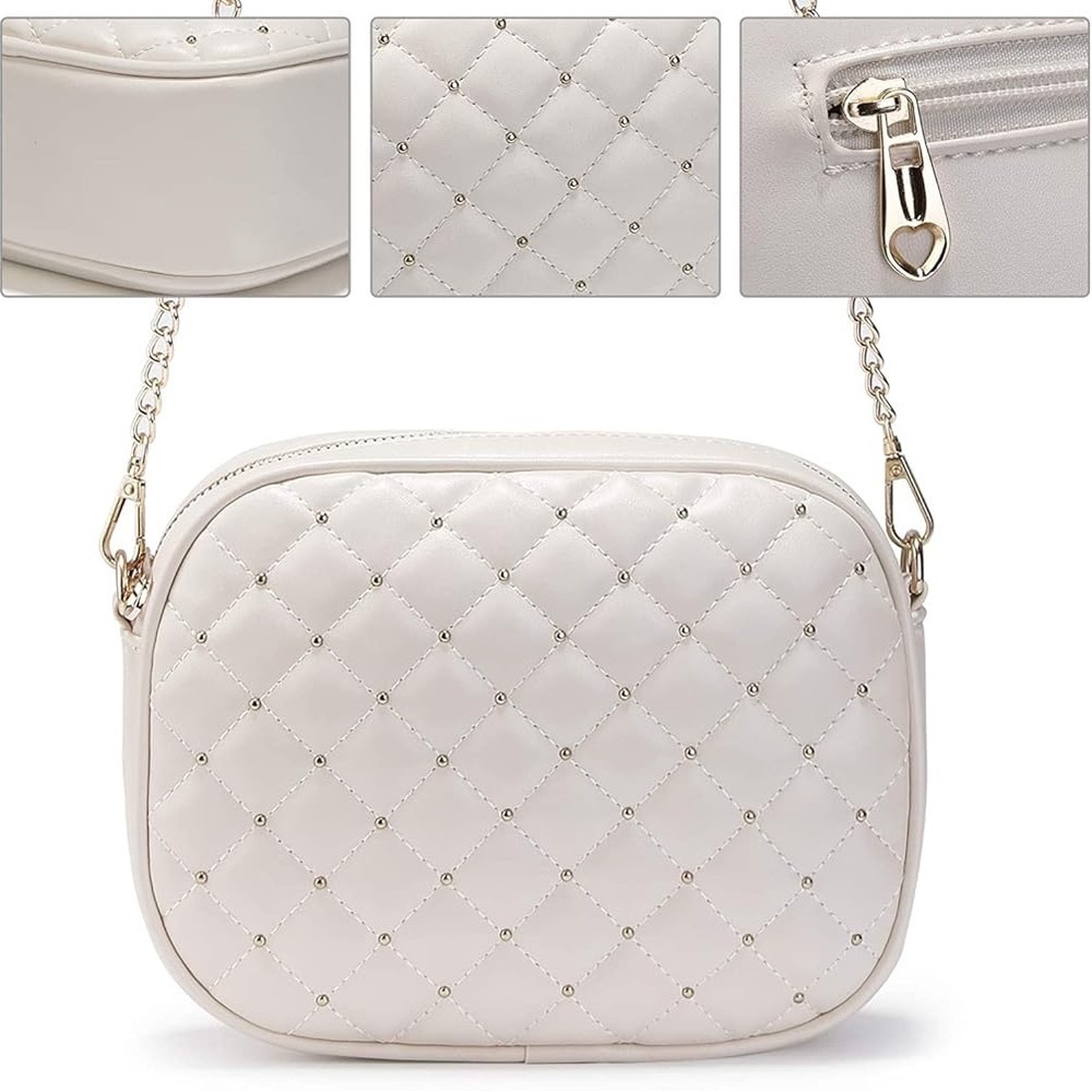 Cream Quilted Crossbody Bag with Gold Chain Strap - Picture 1 of 5